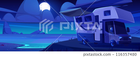 Trailer parked on night summer beach Trailer parked on night summer beach 116357480