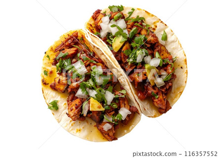 Delicious Mexican Al Pastor tacos filled with fresh ingredients like meat, onions, and cilantro 116357552