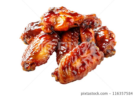 Delicious crispy Honey BBQ chicken wings garnished with fresh cilantro, great for appetizers or main meals Delicious crispy Honey BBQ chicken wings garnished with fresh cilantro, great for appetizers or main meals 116357584
