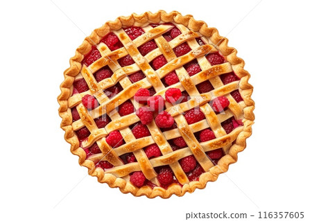 Freshly baked raspberry pie filling a stunning lattice crust isolated on white transparent background 116357605
