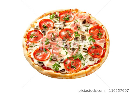 Delicious Italian pizza topped with mushrooms, bell peppers, and spinach, perfect for a healthy meal 116357607