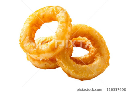 Closeup of stack of crunchy battered onion rings isolated on a white transparent background 116357608