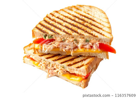 Grilled Tuna Melt panini sandwich on crusty bread isolated on white background 116357609