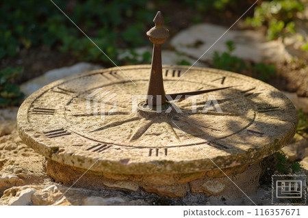 A rustic sundial sits amid natural greenery, the shadow indicating time in a traditional way, ideal for themes of antiquity and time measurement A rustic sundial sits amid natural greenery, the shadow indicating time in a traditional way, ideal for themes of antiquity and time measurement 116357671