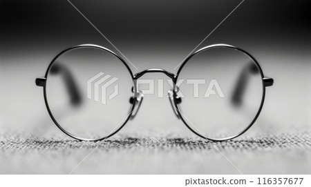 Round eyeglasses in focus against a blurred background, a clear symbol of vision and perspective in black and white Round eyeglasses in focus against a blurred background, a clear symbol of vision and perspective in black and white 116357677