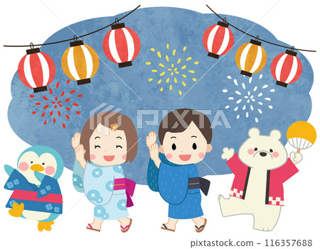 Summer festival/fireworks display: illustration of children wearing yukata, polar bears and penguins Summer festival/fireworks display: illustration of children wearing yukata, polar bears and penguins 116357688