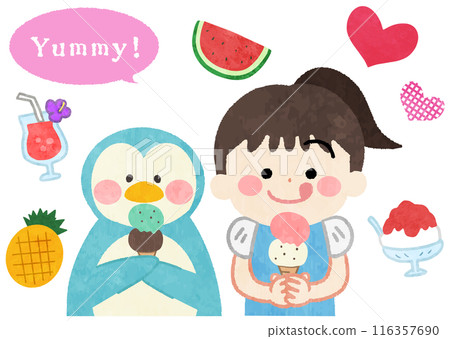 Illustration of a smiling child and a penguin eating ice cream Illustration of a smiling child and a penguin eating ice cream 116357690