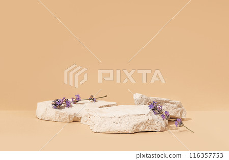 Beauty cosmetics product mockup scene with copy space, featuring white stone and a lavender flower. The composition highlights natural purity and evokes a summer mood. Captured in a studio setting. 116357753
