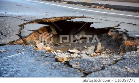 Deep sinkhole on asphalt Deep sinkhole on asphalt 116357775