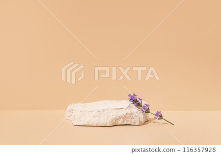 Beauty cosmetics product presentation mockup scene with copy space made with white stone and lavender flower. Composition aims to emphasize the natural purity and summer mood. Studio photography. Beauty cosmetics product presentation mockup scene with copy space made with white stone and lavender flower. Composition aims to emphasize the natural purity and summer mood. Studio photography. 116357928