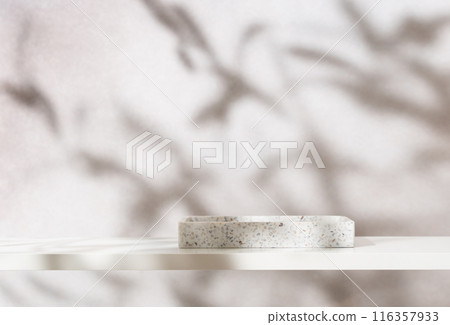 Beauty cosmetics product presentation mockup scene made with white stone tray on white shelf in elegant minimal interior. Beauty cosmetics product presentation mockup scene made with white stone tray on white shelf in elegant minimal interior. 116357933