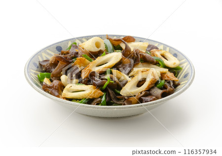 Stir-fried wood ear mushrooms and chikuwa 116357934