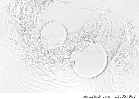 Cosmetic product presentation mockup scene made with two empty circle glass podiums on water surface with splashes. Perfect for emphasizing freshness and natural purity in product placement. 116357968