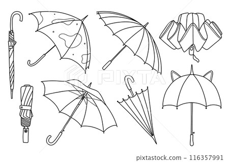 Set of Umbrella in doodle style isolated on white background. Umbrella season. Linear open umbrella. Vector illustration. Set of Umbrella in doodle style isolated on white background. Umbrella season. Linear open umbrella. Vector illustration. 116357991