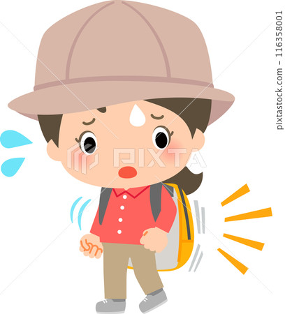 A woman in hiking gear struggling with her heavy luggage 116358001