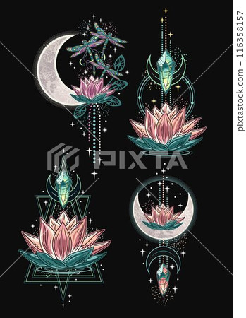 Esoteric labels with lotus flower, crescent moon, text. Vintage mystical illustrations on black background. For clothing, apparel, T-shirts, surface decoration. Esoteric labels with lotus flower, crescent moon, text. Vintage mystical illustrations on black background. For clothing, apparel, T-shirts, surface decoration. 116358157