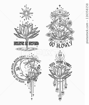 Mysterious labels with fantasy dragonfly, lotus flower, moon, text. Vintage illustrations on white background. For clothing, apparel, T-shirts, surface decoration. Mysterious labels with fantasy dragonfly, lotus flower, moon, text. Vintage illustrations on white background. For clothing, apparel, T-shirts, surface decoration. 116358158