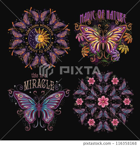 Summer labels with fantasy colored butterfly, chamomile flowers, text. Vintage illustrations on black background. For clothing, apparel, T-shirts, surface designs Summer labels with fantasy colored butterfly, chamomile flowers, text. Vintage illustrations on black background. For clothing, apparel, T-shirts, surface designs 116358168