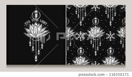 Seamless mysterious pattern, label with lotus flower, crystals, crescent moon, scattered stars, sparkles. Mystical insight concept for meditation, clear consciousness. Vintage style. 116358171