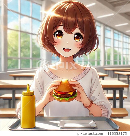 在咖啡館吃漢堡的年輕女人 116358175