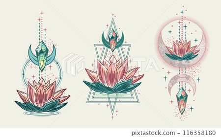 Esoteric labels with lotus flower, crescent moon, text. Vintage mystical illustrations on white background. For clothing, apparel, T-shirts, surface decoration. Esoteric labels with lotus flower, crescent moon, text. Vintage mystical illustrations on white background. For clothing, apparel, T-shirts, surface decoration. 116358180