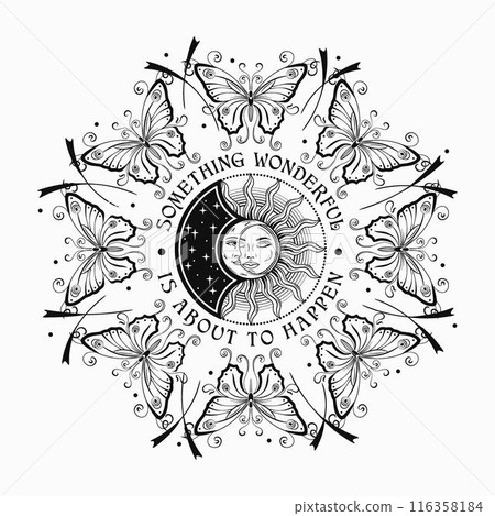Circular black and white ornament like mandala with eclipse with sun, crescent moon, text, fantasy butterfly in Art Nouveau style. White background. Vintage style. 116358184