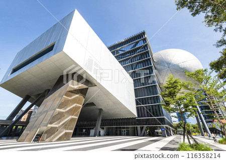 Building view of the Taipei Performing Arts Center in Taiwan. it's a modern building combining cube and sphere geometry. 116358214