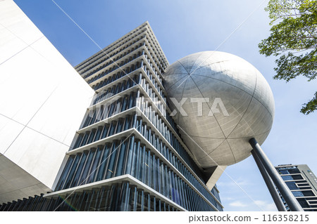 Building view of the Taipei Performing Arts Center in Taiwan. it's a modern building combining cube and sphere geometry. 116358215