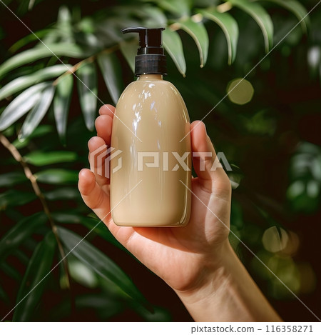 Someones hand is holding an ecofriendly shampoo bottle surrounded by abundant greenery 116358271