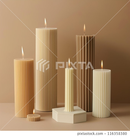 Trendy ribbed handmade candles, beige and brown wax candles, stylish contemporary home decor 116358380