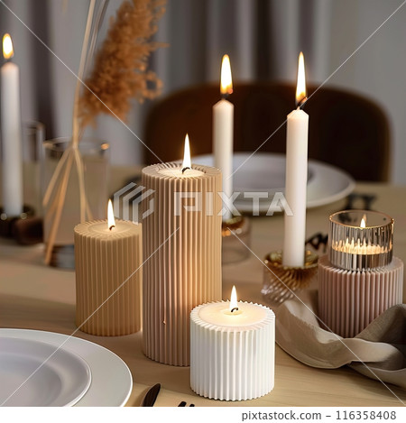Trendy ribbed handmade candles, beige and brown wax candles, stylish contemporary home decor Trendy ribbed handmade candles, beige and brown wax candles, stylish contemporary home decor 116358408