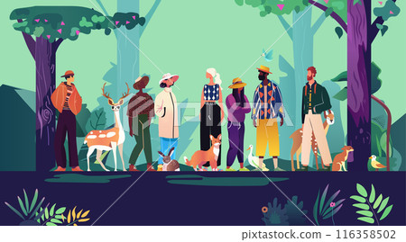 Community people group in forest scene Diverse individuals animals trees colorful nature 116358502