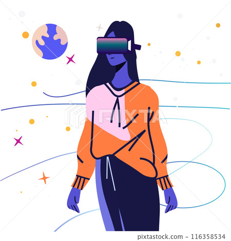 VR headset woman virtual reality space exploration futuristic design colorful abstract elements VR headset woman virtual reality space exploration futuristic design colorful abstract elements 116358534