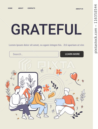 Grateful Mental Health Concept people sitting together discussing emotional well-being surrounded by floral elements and hearts website design template Grateful Mental Health Concept people sitting together discussing emotional well-being surrounded by floral elements and hearts website design template 116358544