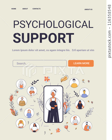 Psychological support Mental Health Concept diverse people connected through a smartphone surrounded by floral elements and icons website design 116358548