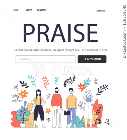 Mental Health Concept Praise theme diverse group of people standing together surrounded by colorful leaves and flowers web design template 116358549