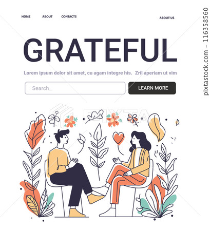 Grateful Mental Health Concept people talking surrounded by flowers and leaves colorful design elements website design banner 116358560