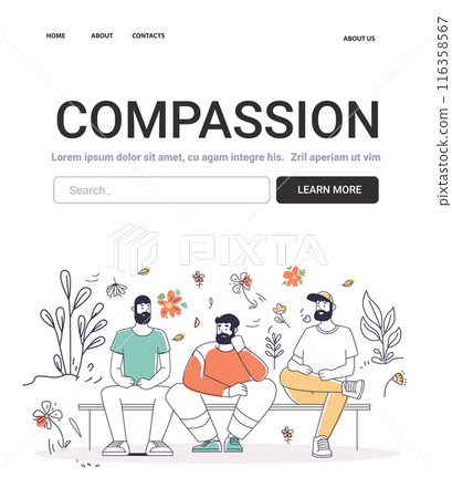 Compassion Mental Health Concept three men sitting on bench surrounded by flowers and plants discussing emotions colorful background website design Compassion Mental Health Concept three men sitting on bench surrounded by flowers and plants discussing emotions colorful background website design 116358567