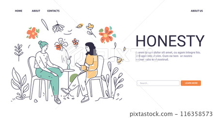 Honesty Mental Health Concept two people talking surrounded by flowers and leaves website design banner Honesty Mental Health Concept two people talking surrounded by flowers and leaves website design banner 116358573