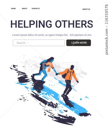 Helping Others Mental Health Concept two people hiking on a mountain one helping the other up abstract background website design Helping Others Mental Health Concept two people hiking on a mountain one helping the other up abstract background website design 116358576