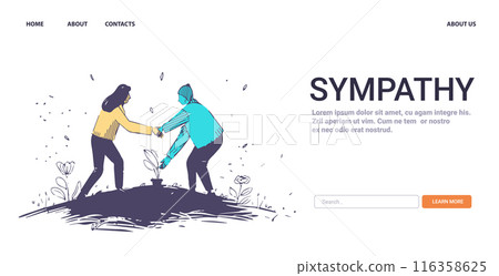 Sympathy Mental Health Concept two people helping each other in a garden setting surrounded by plants and flowers website design Sympathy Mental Health Concept two people helping each other in a garden setting surrounded by plants and flowers website design 116358625
