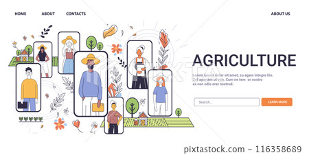 Agriculture industry professionals farming concept diverse people in frames with plants and farm elements colorful background website banner minimalistic thin line art 116358689