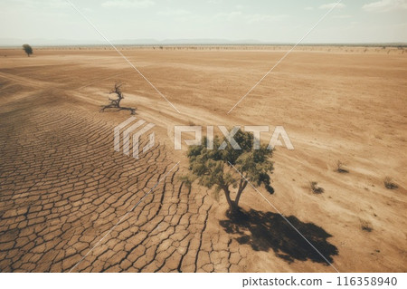 A vivid portrayal of a vast drought-stricken landscape, accentuated by resilient green trees, epitomizing nature's endurance in face of environmental challenges. Perfect for ecological discussions.. A vivid portrayal of a vast drought-stricken landscape, accentuated by resilient green trees, epitomizing nature's endurance in face of environmental challenges. Perfect for ecological discussions.. 116358940