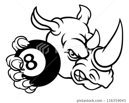 Rhino Angry Pool 8 Ball Billiards Mascot Cartoon Rhino Angry Pool 8 Ball Billiards Mascot Cartoon 116359043