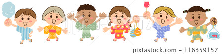 Six children from different countries go to a festival wearing yukata and jinbei. 116359157