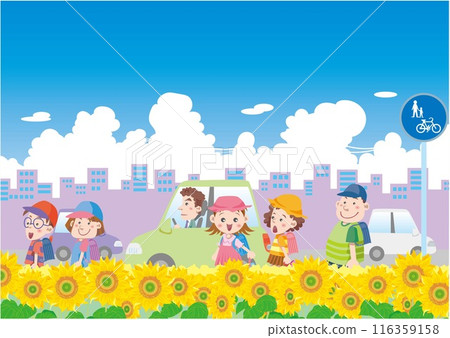 Traffic safety <Image of summer cars and elementary school students going to and from school, traffic illustration> Traffic safety <Image of summer cars and elementary school students going to and from school, traffic illustration> 116359158