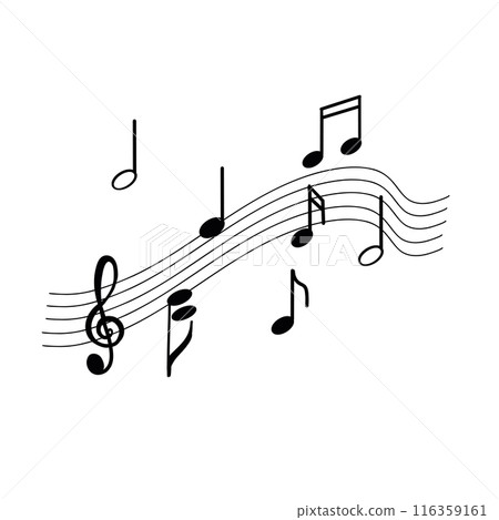 Notes, treble clef, melody. Vector illustration. All objects are drawn in vector in black. Suitable for printing on posters, invitations, cards, tickets and for design. 116359161