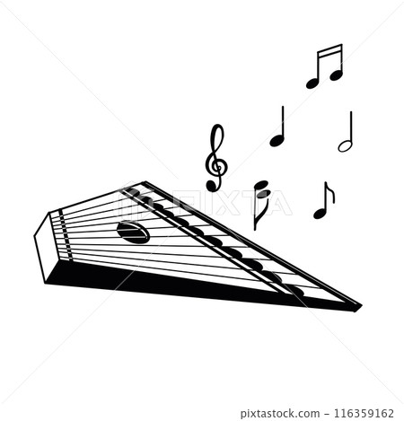 Gusli and notes, melody, folk musical instrument. Vector illustration. All objects are hand-drawn in black in vector. Suitable for printing on invitations, posters, tickets. 116359162