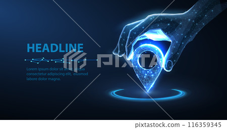 Digital hand set location on map with pin. AI technology in GPs, innovation delivery Digital hand set location on map with pin. AI technology in GPs, innovation delivery 116359345