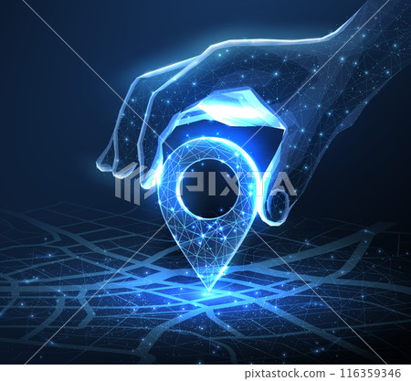 Digital hand set location on map with pin. AI technology in GPs, innovation delivery 116359346
